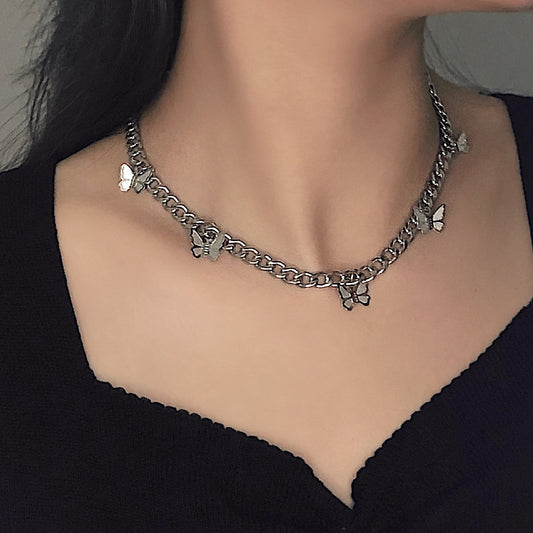 Ins multiple titanium steel butterfly necklace women's trendy temperament niche design indifferent collarbone chain