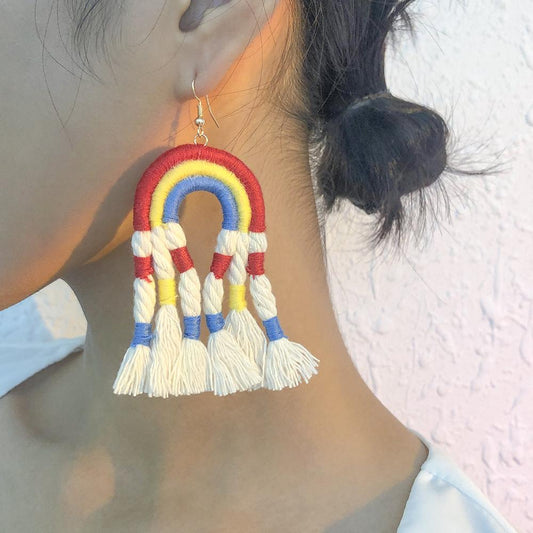 E991 Fashion Tassel Earrings Handwoven Personality Stud Earrings Bohemian Ethnic Rainbow Earrings