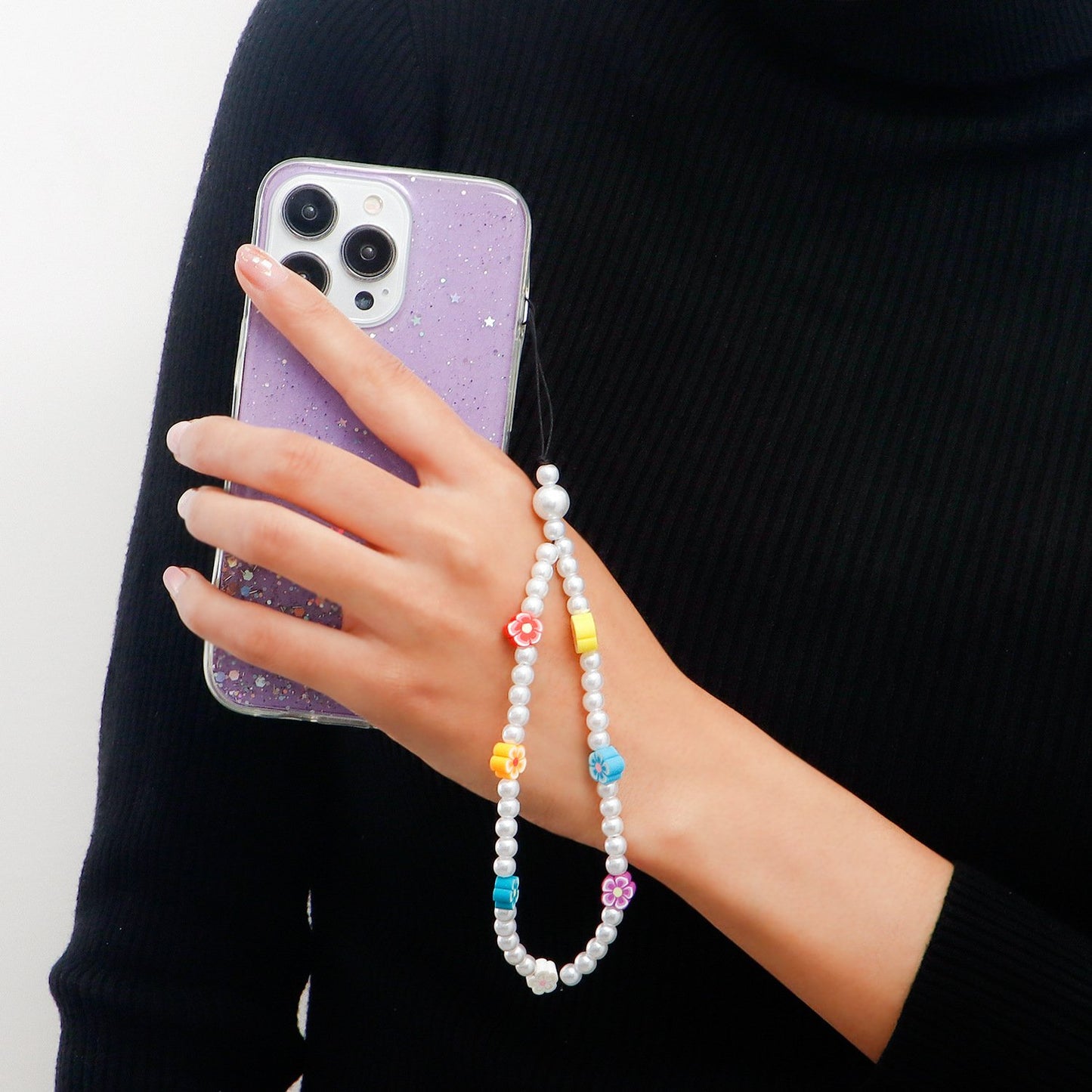 Simple flower color contrast bag lanyard accessories pastoral acrylic pearl beaded mobile phone chain lanyard