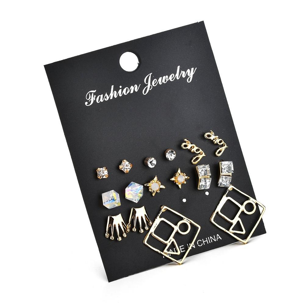 Crown Earrings Letter Love Pearl Diamond Geometric Fashion 8 Pair Stud Earrings Set