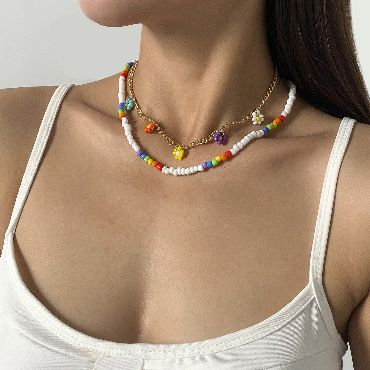 Jewelry sweet cool small daisy flower pendant simple color rice beads beaded necklace female