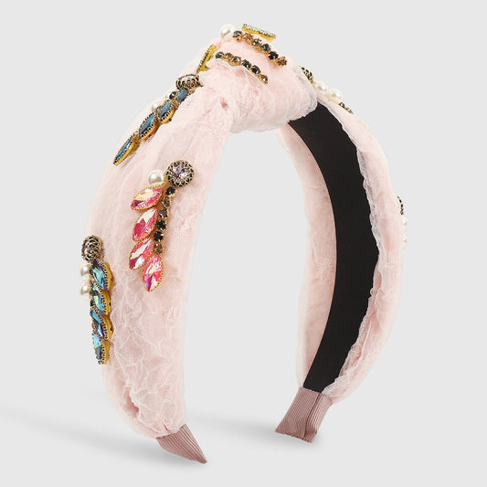 F525 baroque light luxury yarn material knotted headband pearl rhinestone retro elegant colorful headband