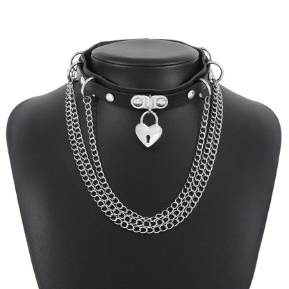 N1697 Punk Hip Hop Necklace Gothic Exaggerated Leather Necklace Love Lock Chain Personality Necklace