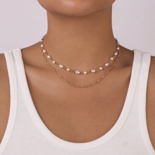 N125 Fashion Internet Red Simple Necklace Imitation Pearl Stacked Small Necklace Cold Geometric Necklace