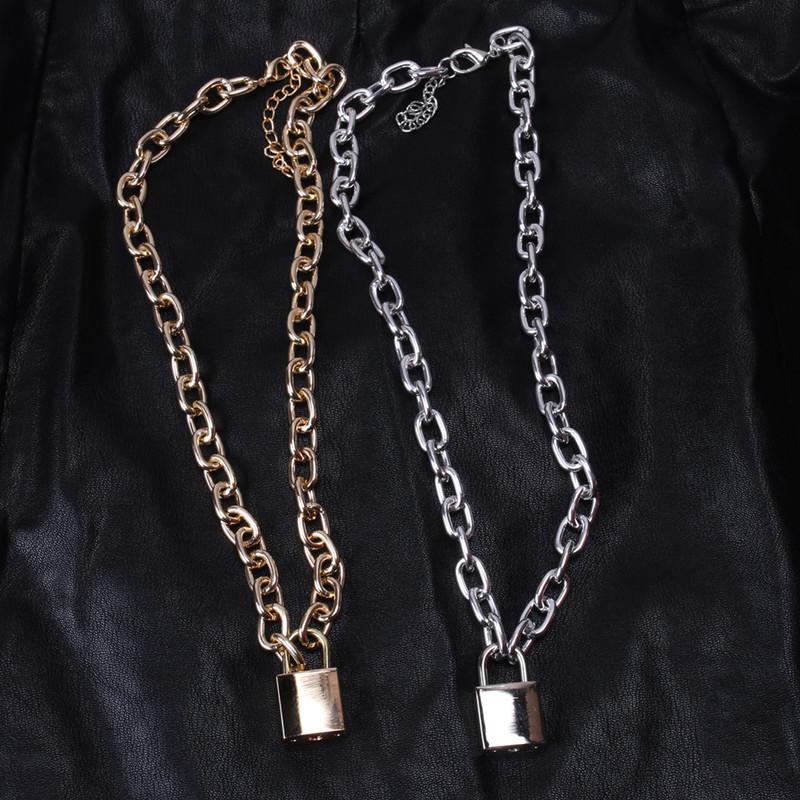 Punk Aluminum Chain Lock Pendant Necklace Rock Hip Hop Men and Women Gold and Silver Padlock Necklace Free Key Necklace