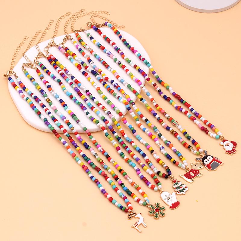 Christmas Ornament Fashion Drip Oil Pendant Christmas Tree Clavicle Chain Bohemian Colorful Handmade Rice Beads