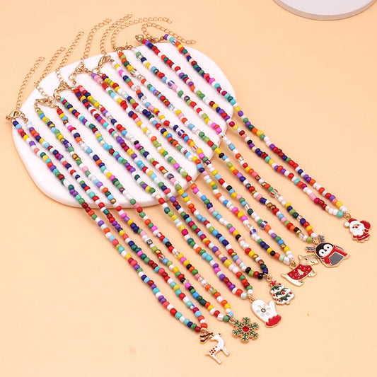 Christmas Ornament Fashion Drip Oil Pendant Christmas Tree Clavicle Chain Bohemian Colorful Handmade Rice Beads