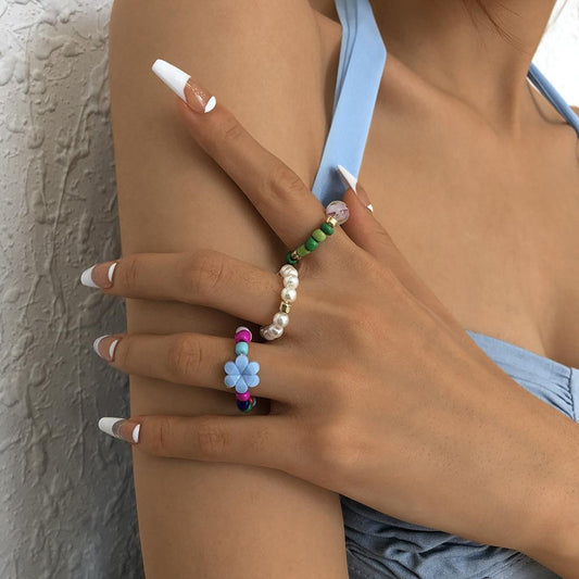 R682 Retro Simple Ring Holiday Sweet Flower Peach Heart Hand Decoration Colorful Rice Bead Temperament Ring