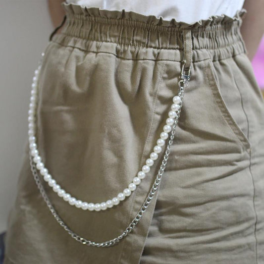 Harajuku homemade hip-hop retro double-layer stainless steel butterfly pants chain men and women hanging chain decorative waist chain pearl accessories