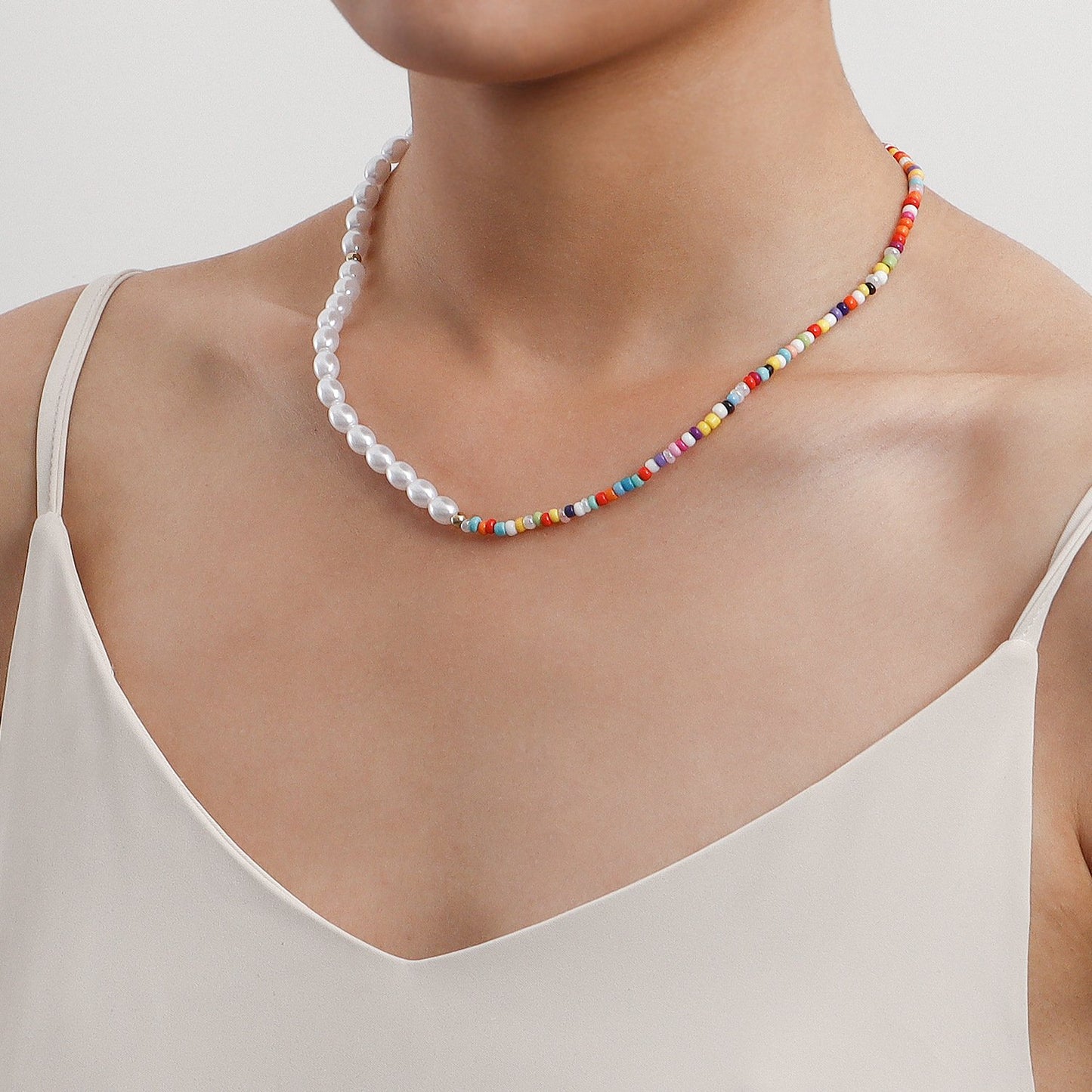 Explosive Bohemian colored rice beads imitation pearl necklace necklace female ins hand-woven necklace