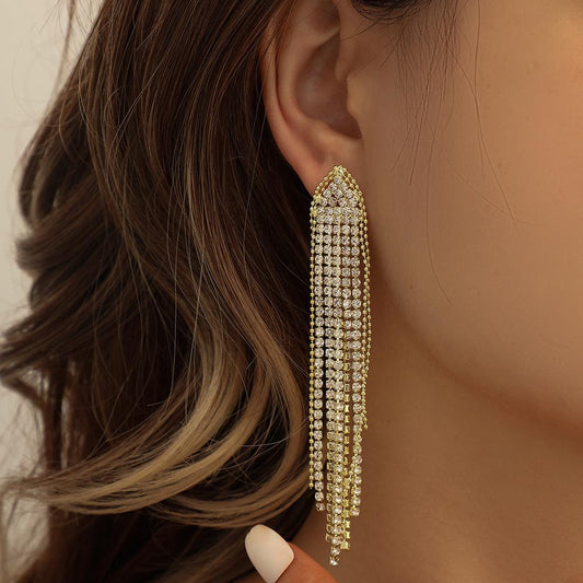 Explosive models full of diamond tassels long earrings fashion temperament show face small earrings ladies accessories
