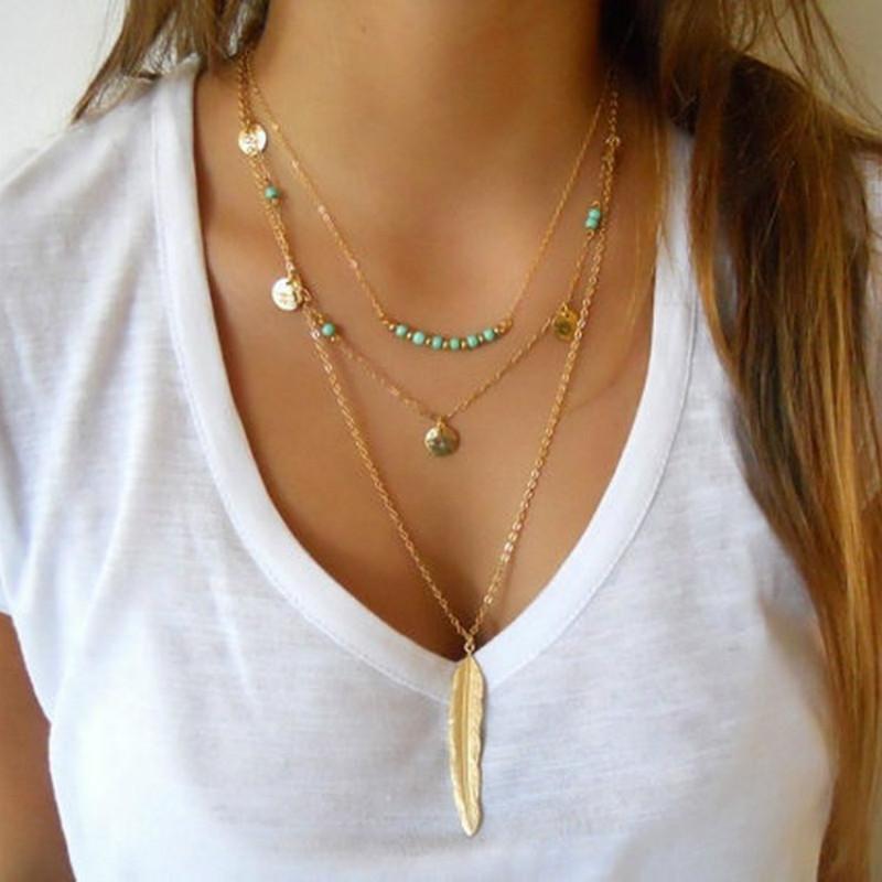 Jewelry Fashion Feather Turquoise Bead Sequin Multilayer Necklace Women's Street Shoot