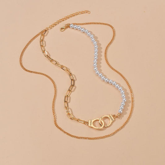 Fashion Alloy Handcuffs Asymmetrical Multilayer Necklace Simple Imitation Pearl Necklace Accessories