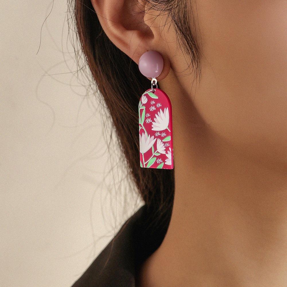 Acrylic plate printing pink lotus earrings personality simple art design sense versatile earrings