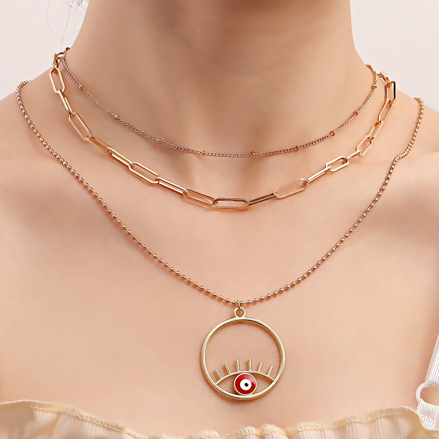 Jewelry Retro Contrast Color Personality Eye Geometric Necklace Ethnic Multi-layer Ring Pendant Necklace