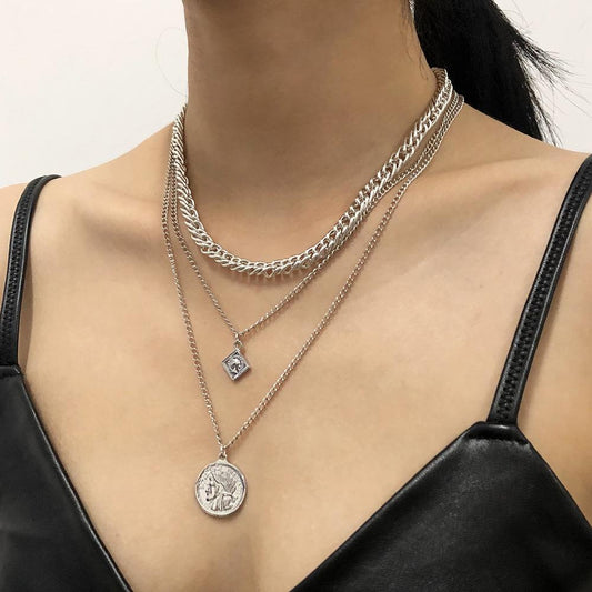 N7987 Necklace Multi-Layered Wearing Round Beauty Head Clavicle Necklace Minority Retro Simple Necklace