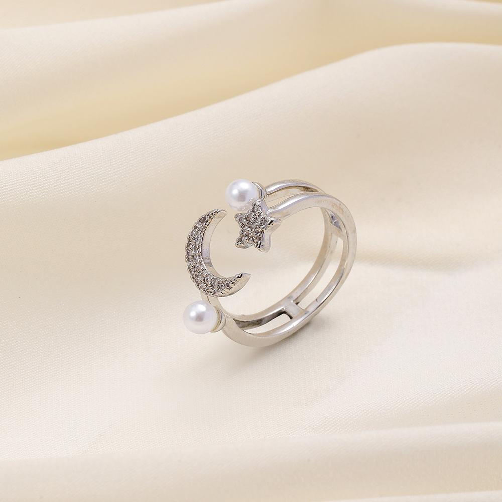 ins moon star pearl opening copper micro-inlaid zircon ring advanced light luxury design ladies ring