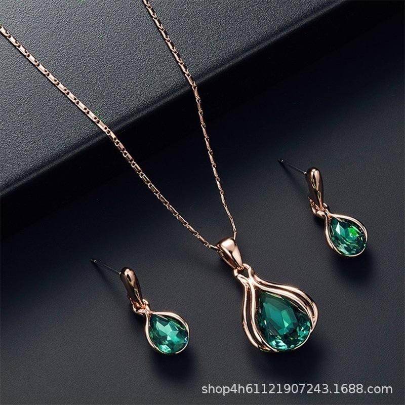 Fashion Women Blue Green Water Drop Shape Necklace Earrings Set Ornament Jewelry