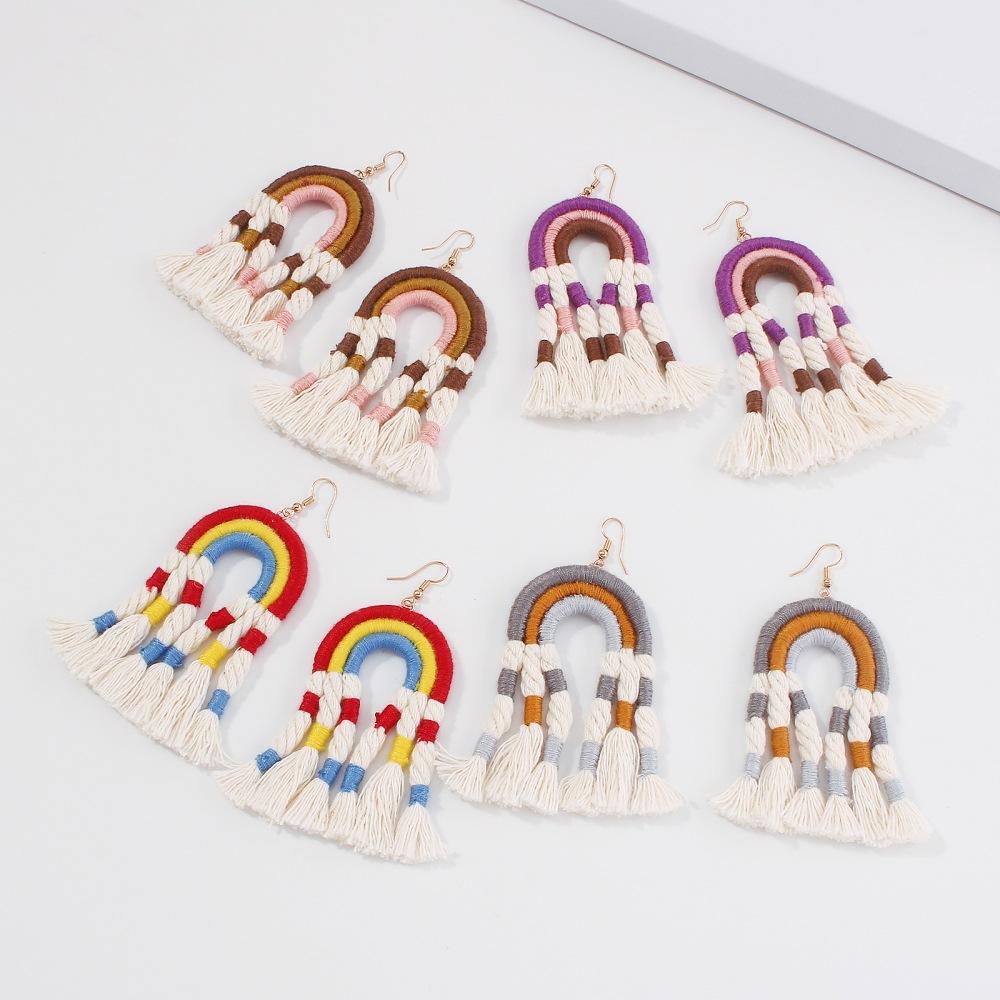 E991 Fashion Tassel Earrings Handwoven Personality Stud Earrings Bohemian Ethnic Rainbow Earrings