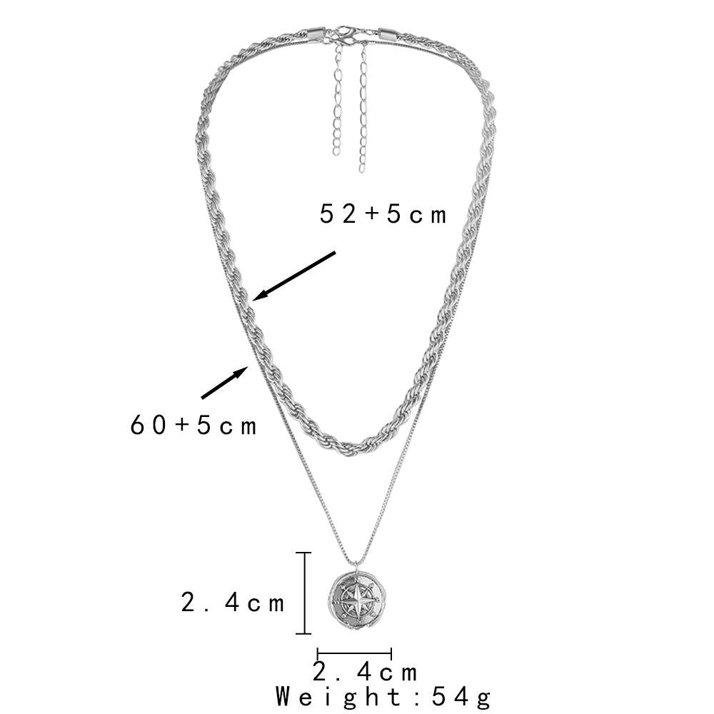 Simple personality niche fashion all-match trend men's double-layer compass retro coin twist chain necklace