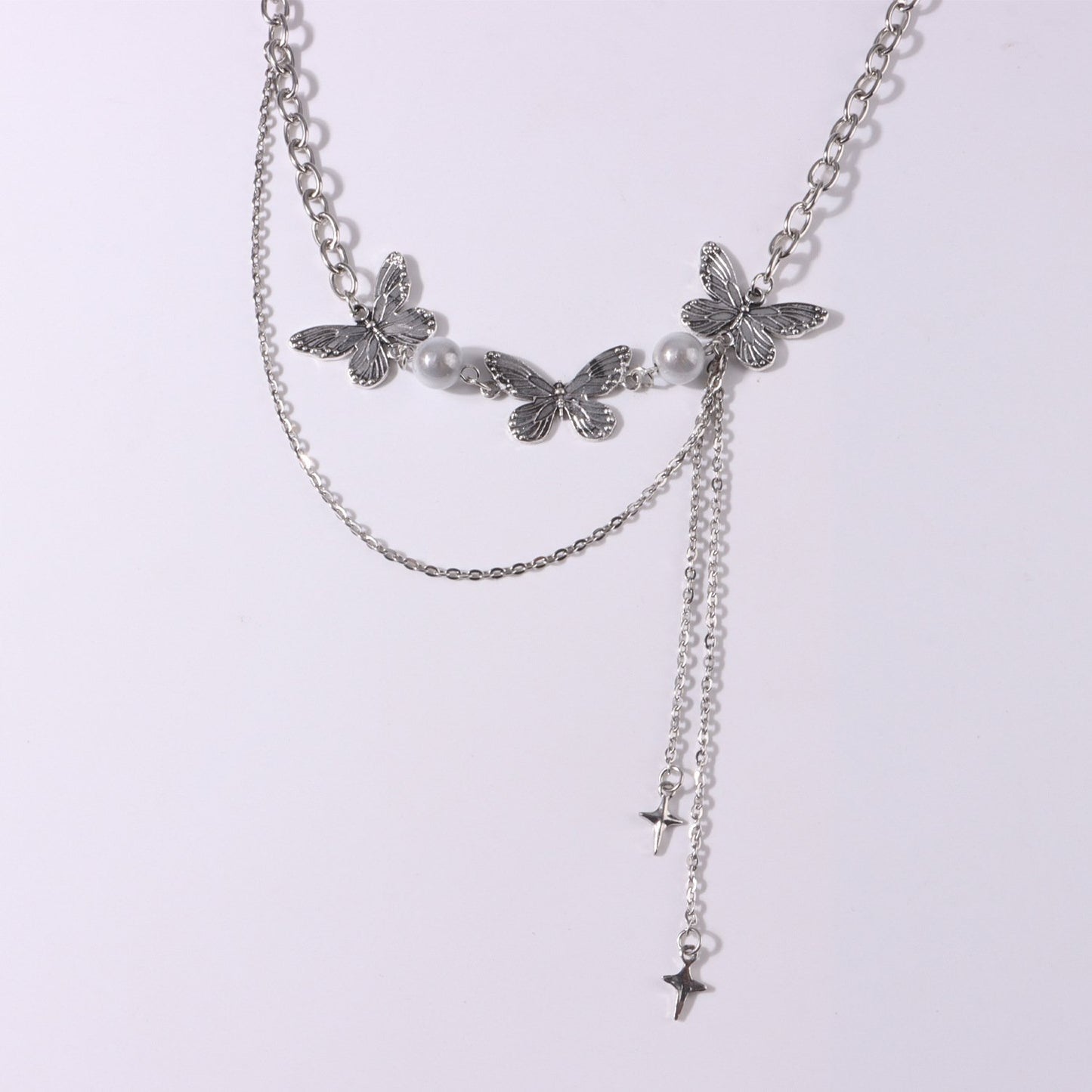 Jewelry Trendy Luminous Pearl Three Butterfly Necklace Women's Double Tassel Cross Star Pendant