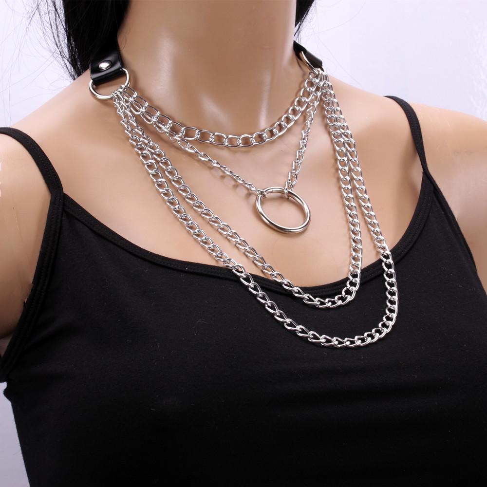 Jewelry personality exaggerated PU metal ring necklace retro punk multi-layer chain geometric necklace