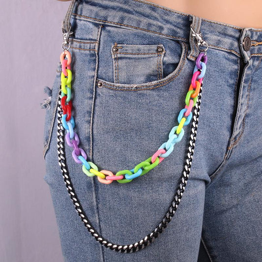 Colorful acrylic jewelry metal black chain hip-hop men and women series double-layer pants chain