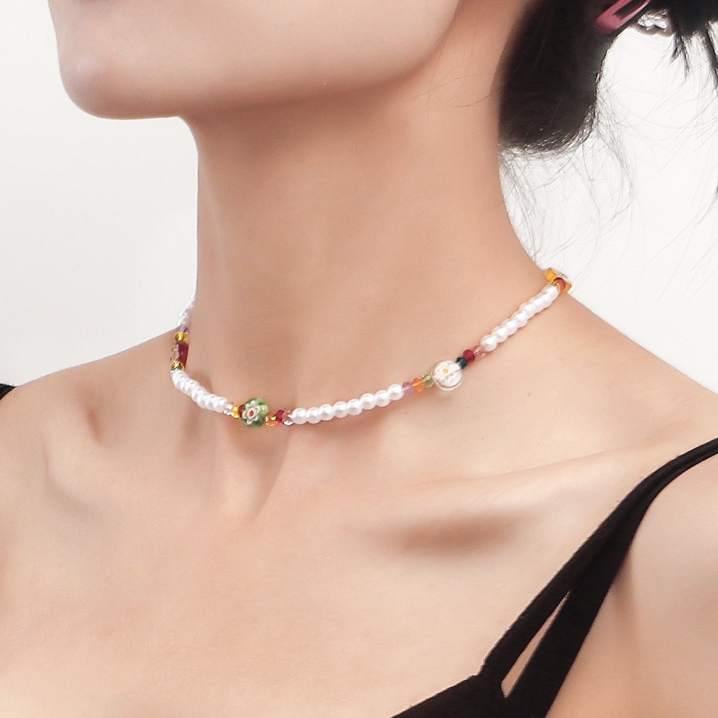 Jewelry Fresh and Sweet Imitation Pearl Necklace Spice Girl Niche Design Glass Flower Trend Necklace