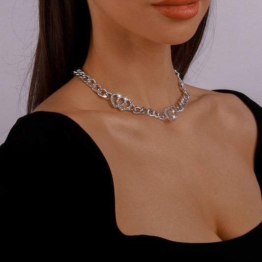 N1427 Double Love Geometric Necklace Micro-inlaid Niche Exaggerated Chain Necklace French Vintage Necklace Female