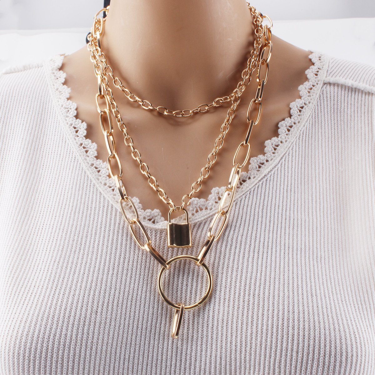 Necklace Retro Punk Exaggerated Thick Chain Necklace Women's Multilayer Hip Hop Lock Necklace Sweater Chain