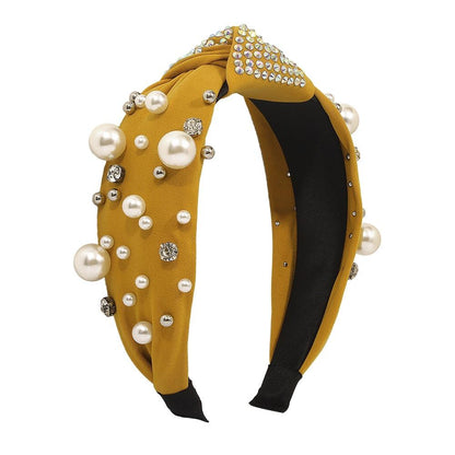 F396 Retro Temperament Hair Accessories Fashion Cross Knotted Imitation Pearl Headband Diamond Anti-slip Headband