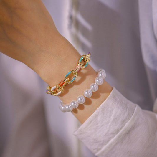 Fashion Double Layer Rainbow Drip Oil Cross Aluminum Chain Pearl Bracelet Simple Temperament Elegant Hand Jewelry Women