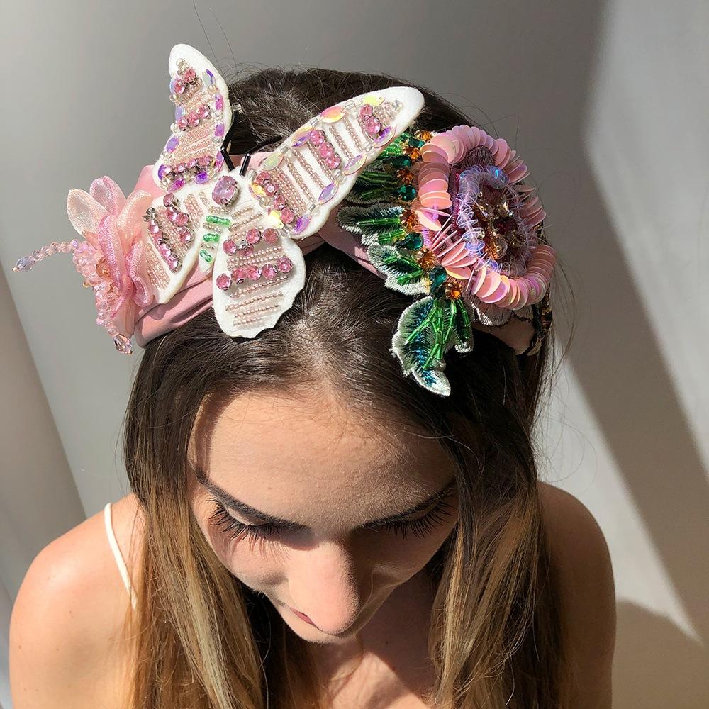 F3174 Super Fairy Catwalk Hair Accessories Exaggerated Big Butterfly Sand Material Headband Fashion Rice Beads Diamond Sequins Headband