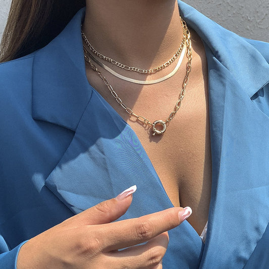 Jewelry Retro Hip Hop Flat Snake Bone Chain Necklace Female Simple Geometric Metal Buckle Clavicle Necklace