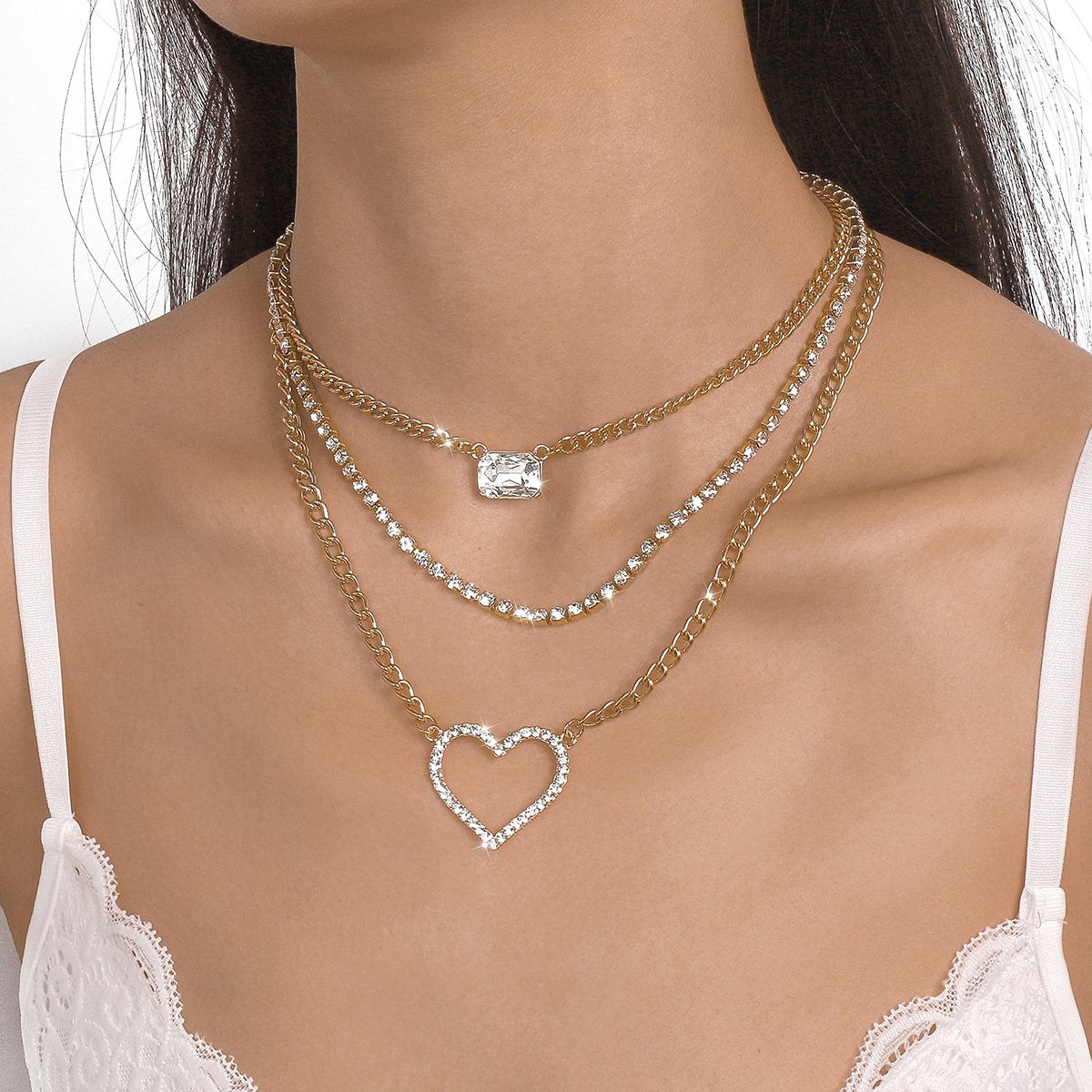 N1483 jewelry, layered sweet and cool girl love necklace rhinestone multi-layered punk hip-hop necklace