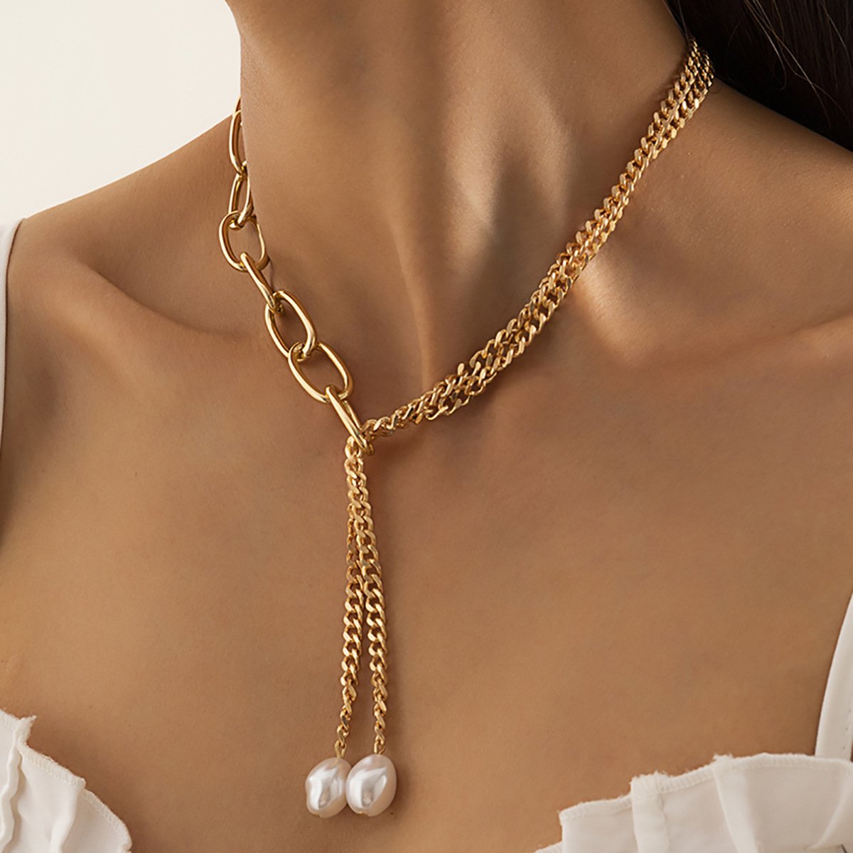 Jewelry Hip Hop Cool Metal Chain Clavicle Necklace Temperament Baroque Imitation Pearl Necklace