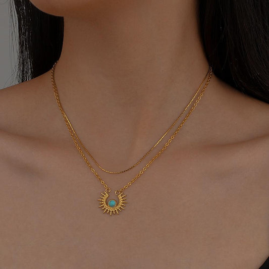 Personality creative stainless steel gold double gold wire chain sun turquoise pendant titanium steel necklace female