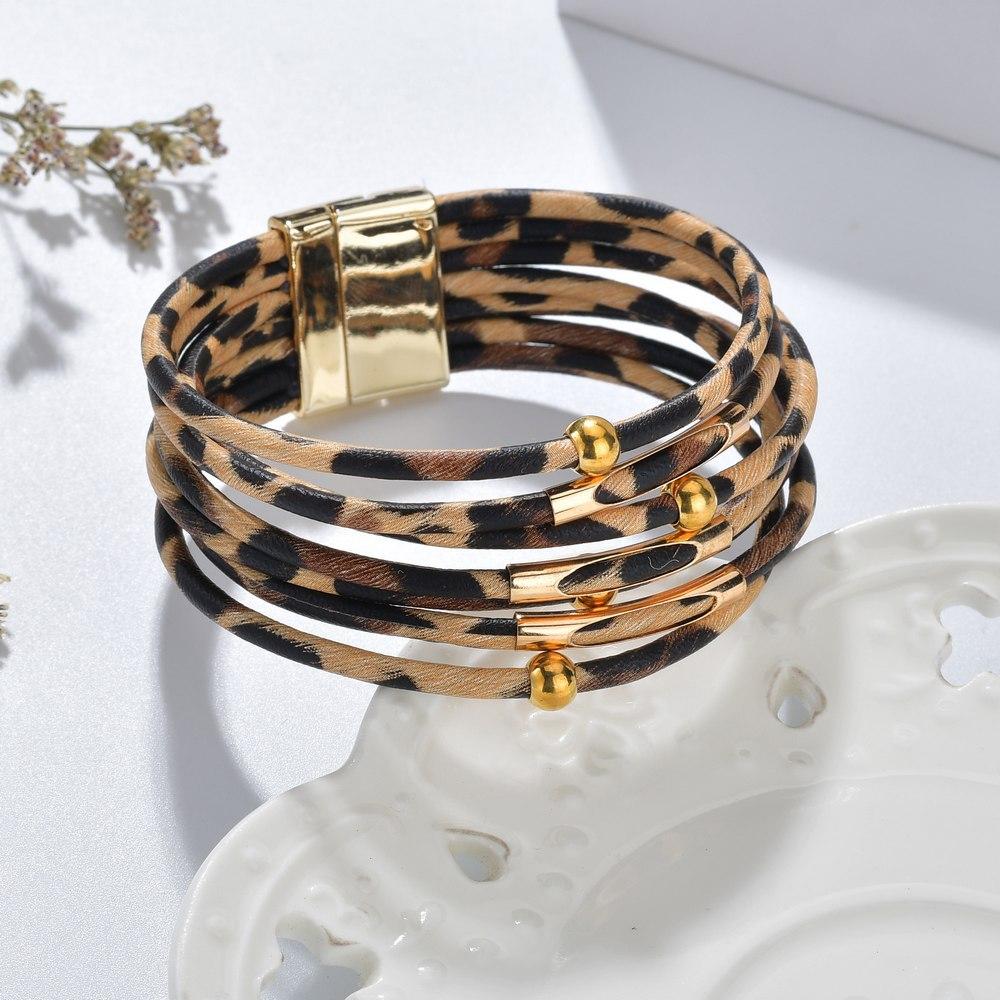 Leopard Print Beaded Alloy Magnet Buckle Leather Bracelet Fashion Frosty Style