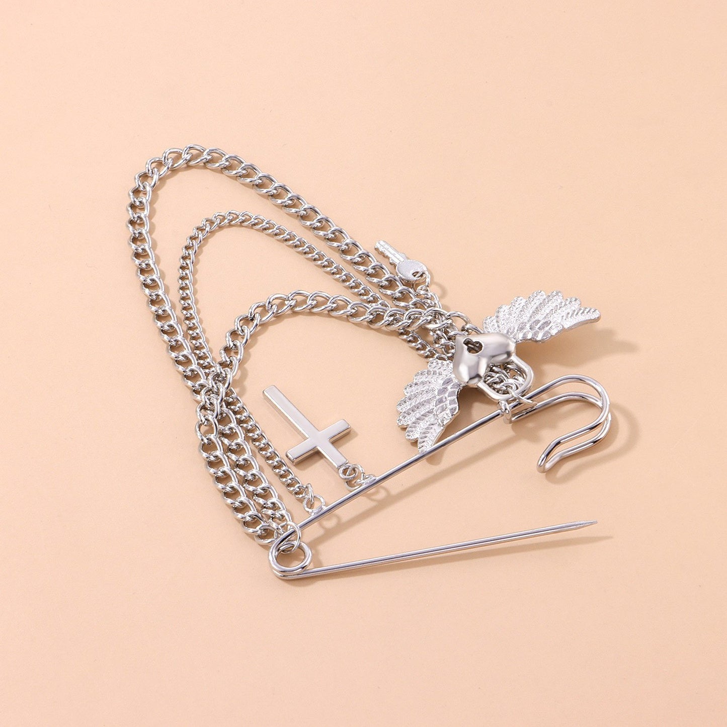 Jewelry Ladies Love Lock Wings Brooch Personality Trendy Chain Cross Pin Pendant