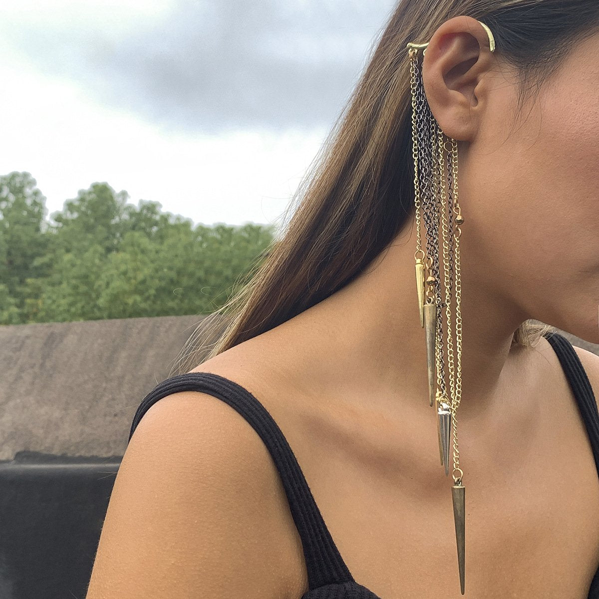 Jewelry fashion personality metal chain tassel earrings punk geometric rivets ear bone clip earrings