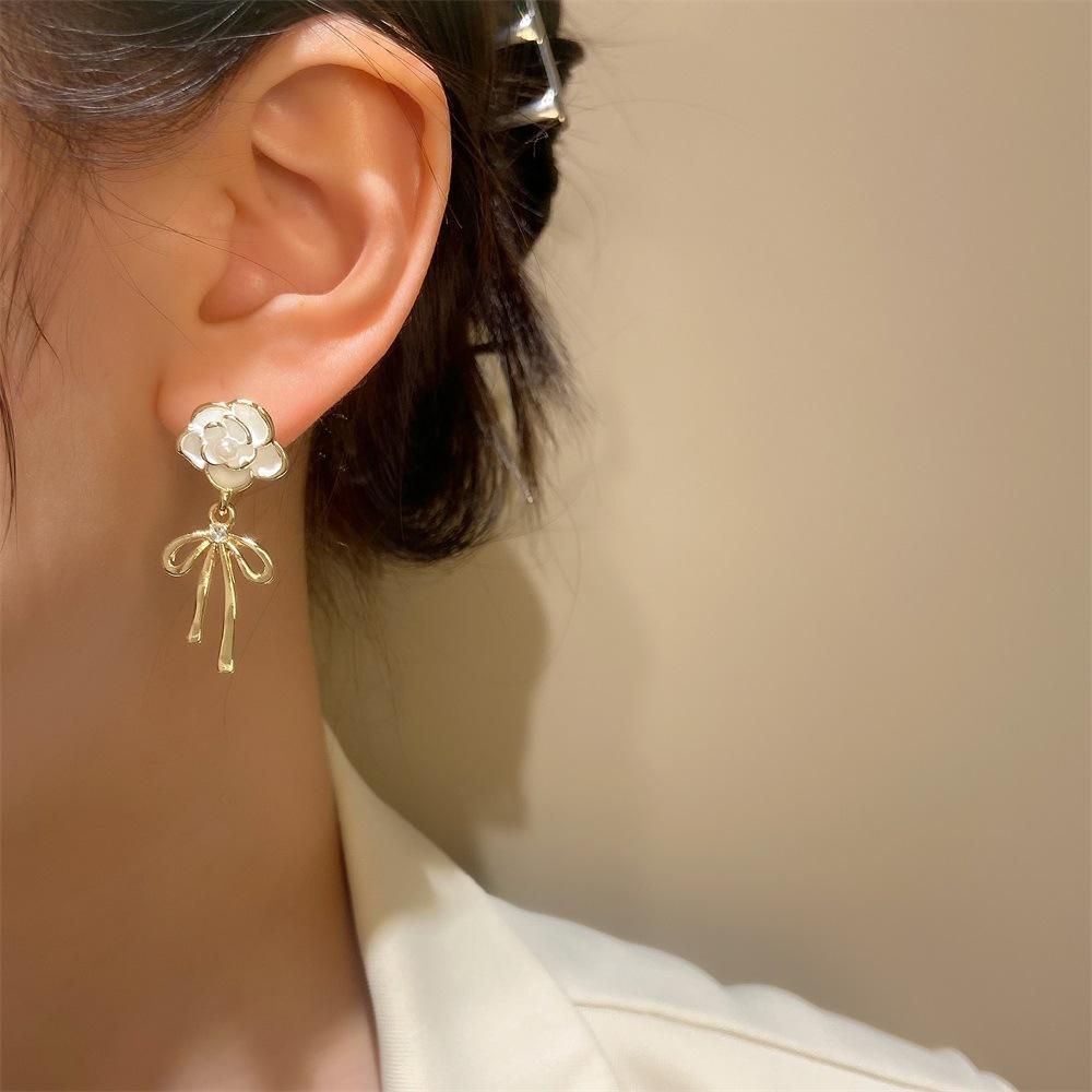 ins camellia bow earrings fashion light luxury niche design pearl tassel earrings temperament earrings