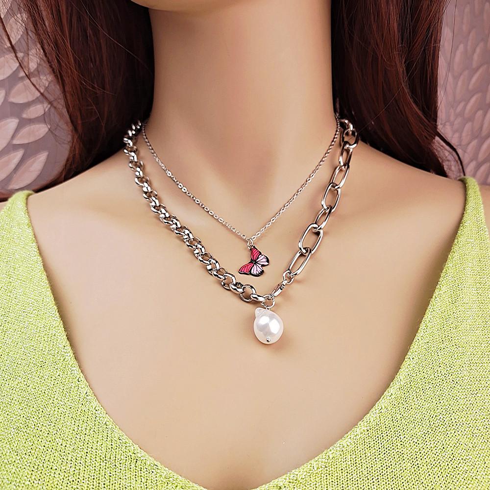 Jewelry Retro Colorful Butterfly Baroque Shaped Pearl Necklace Female Clavicle Chain Two-piece Set