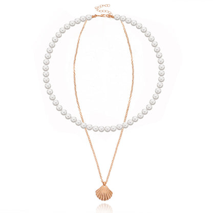 Jewelry Temperament Pearl Scallop Alloy Pendant Necklace Female Fashion Simple Handmade Double Layer Necklace