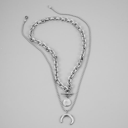 Simple Hip Hop Stainless Steel Double Coin Star Moon Chain Trendy Punk Exaggerated Design Men's Necklace