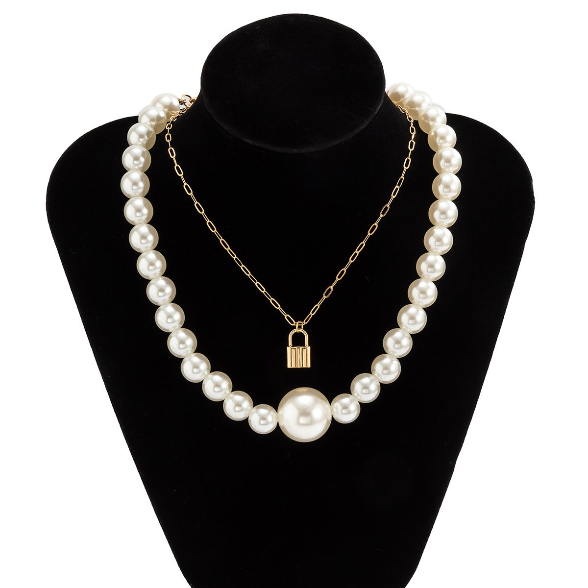 Jewelry Exaggerated Imitation Pearl Beaded Double Layer Necklace Female Retro Lock Chain Stacked Necklace