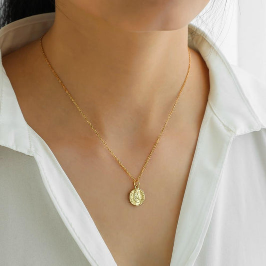 ins retro necklace fashion stainless steel chain real gold plating portrait letter coin clavicle chain