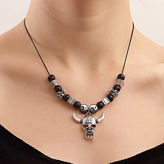 Fashion Jewelry Handwoven Rope Tai Chi Bagua Yin Yang Hollow Creative Skull Bull Head Pendant Necklace Female