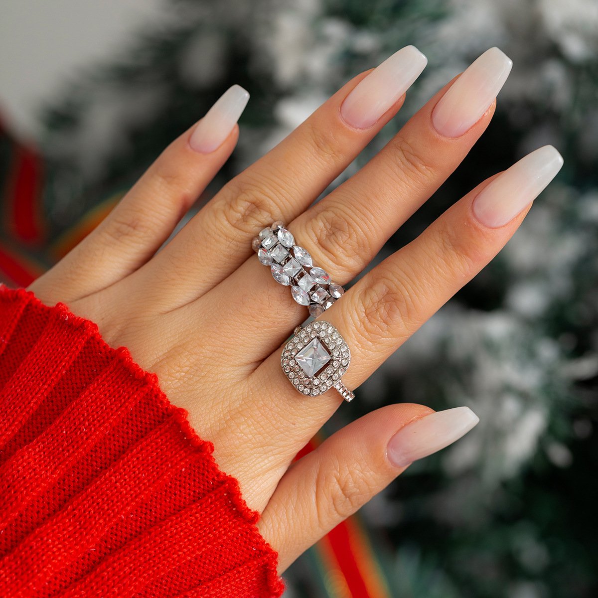 Jewelry Retro Light Luxury Diamond Gemstone Ring Set Fashion Trend Geometric Metal Ring Female