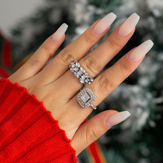 Jewelry Retro Light Luxury Diamond Gemstone Ring Set Fashion Trend Geometric Metal Ring Female