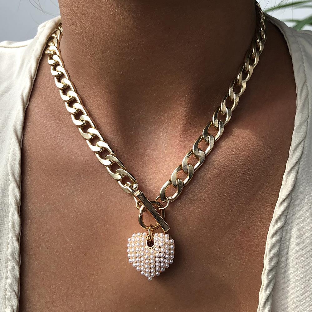 N755 Punk Pearl Love Necklace Female Personality Bold Water Wave Clavicle Chain